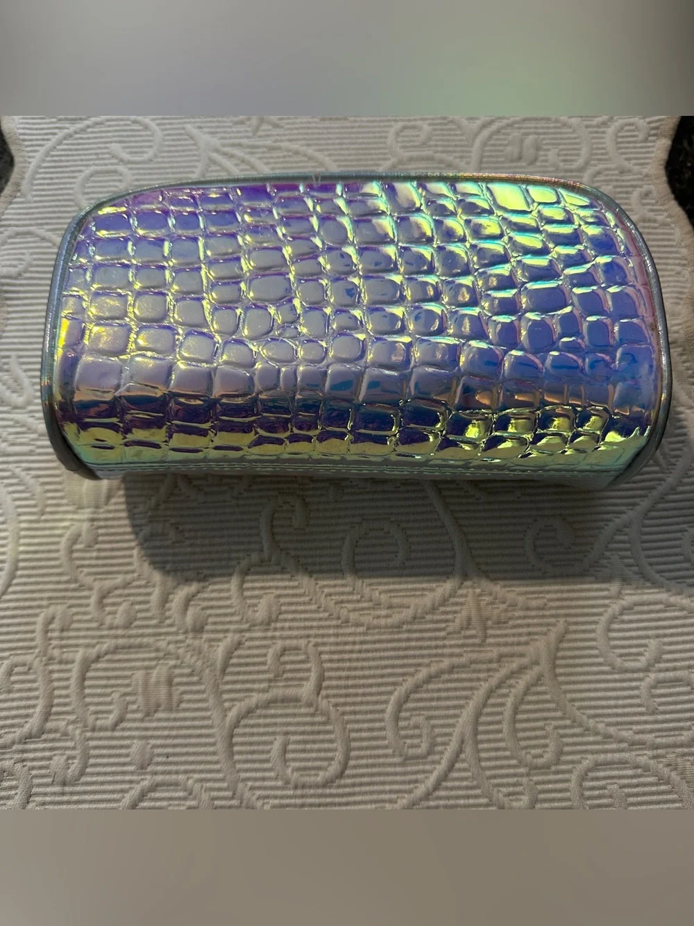 bh Cosmetics Holographic Croc-Embossed Cosmetic Bag in Iridescent rainbow